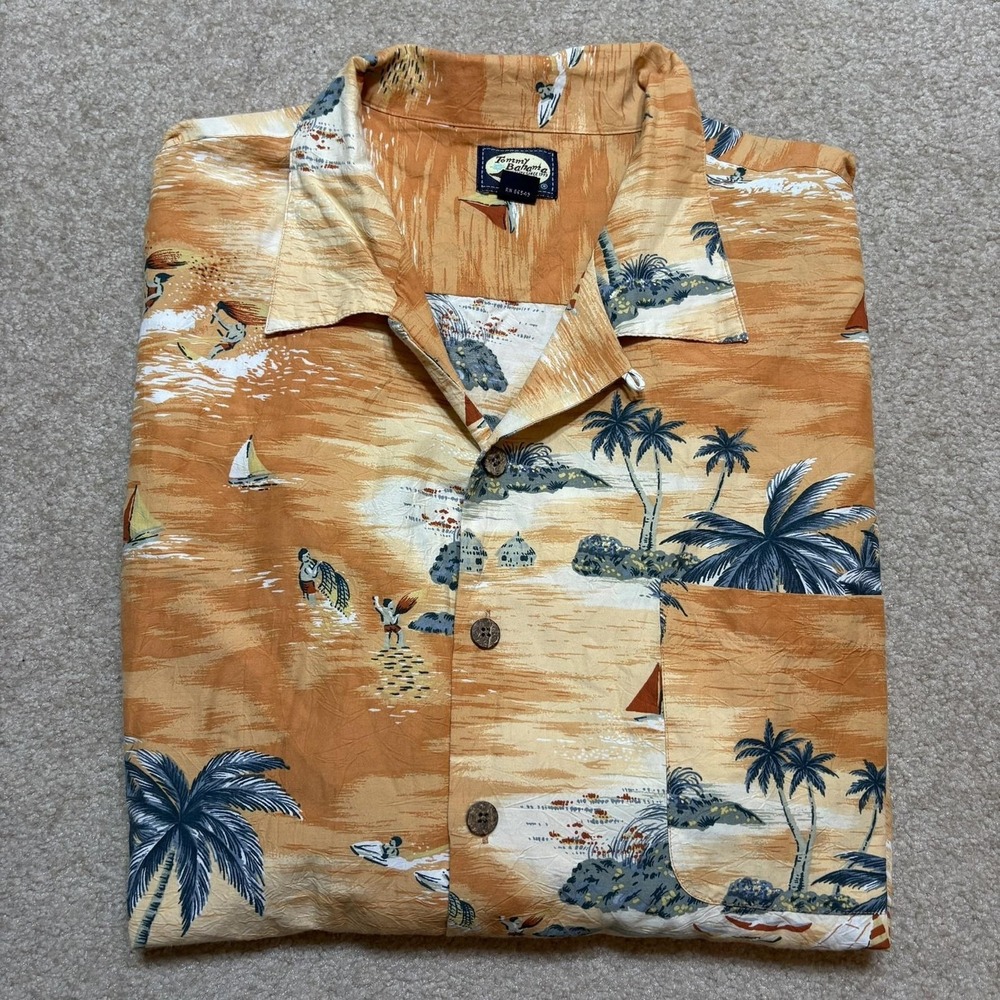 Tommy Bahama Hawaiian Shirt SZ 3XL Loop Collar‎ Orange Beach Print Camp Tropical